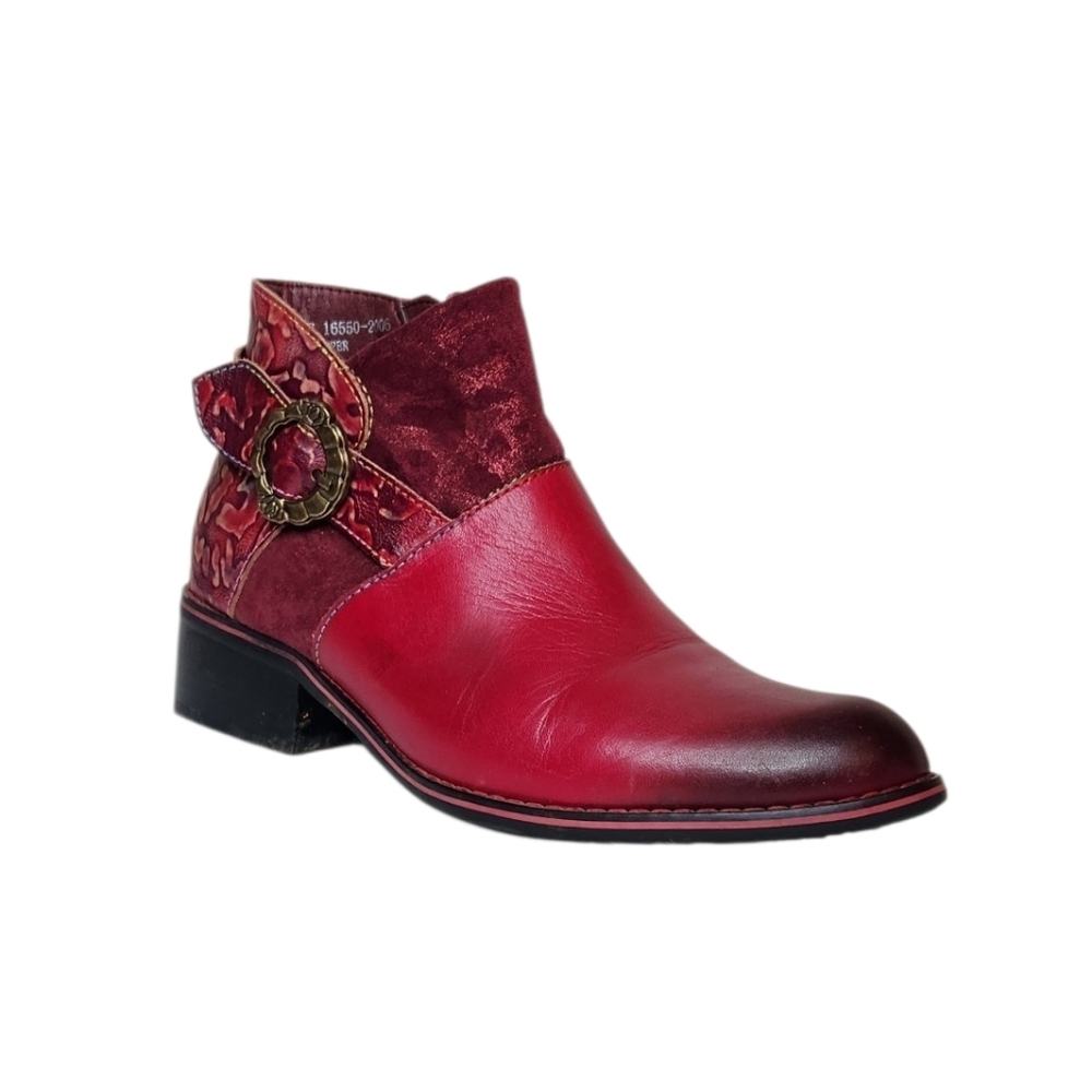 L'ARTISTE Auntiem Red Leather Embossed Ankle Boot Size 36